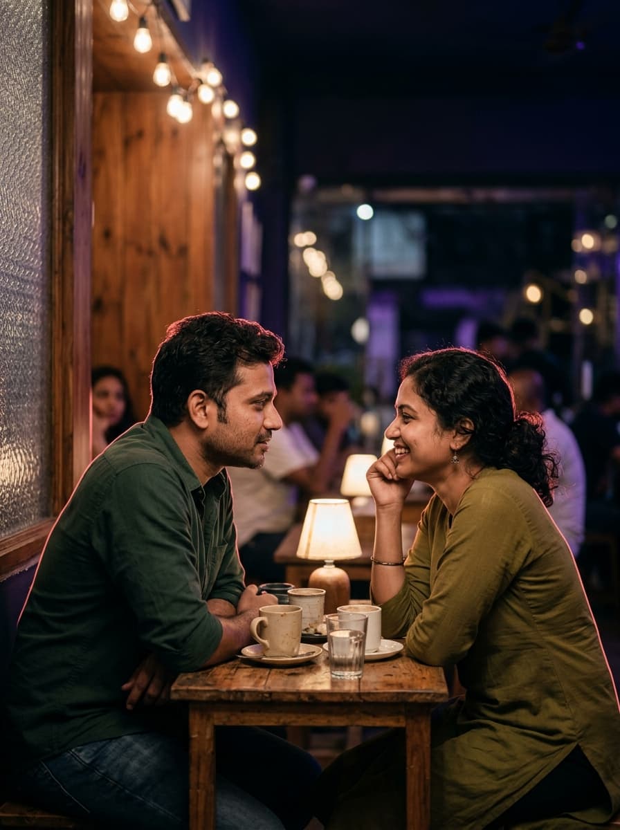 Two people deep in an easy conversation outdoors